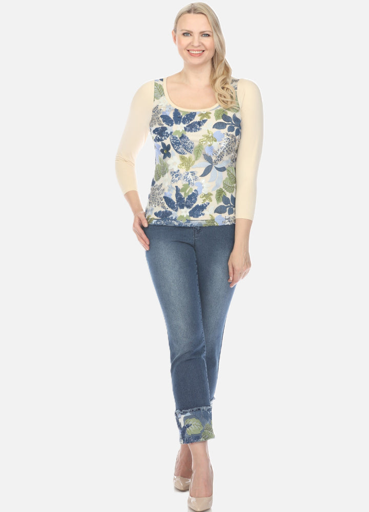 Daffy Sequin Floral Scoop Neck Top
