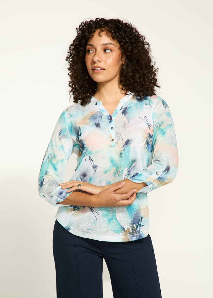 Alani Print Tab Sleeve Henley Top