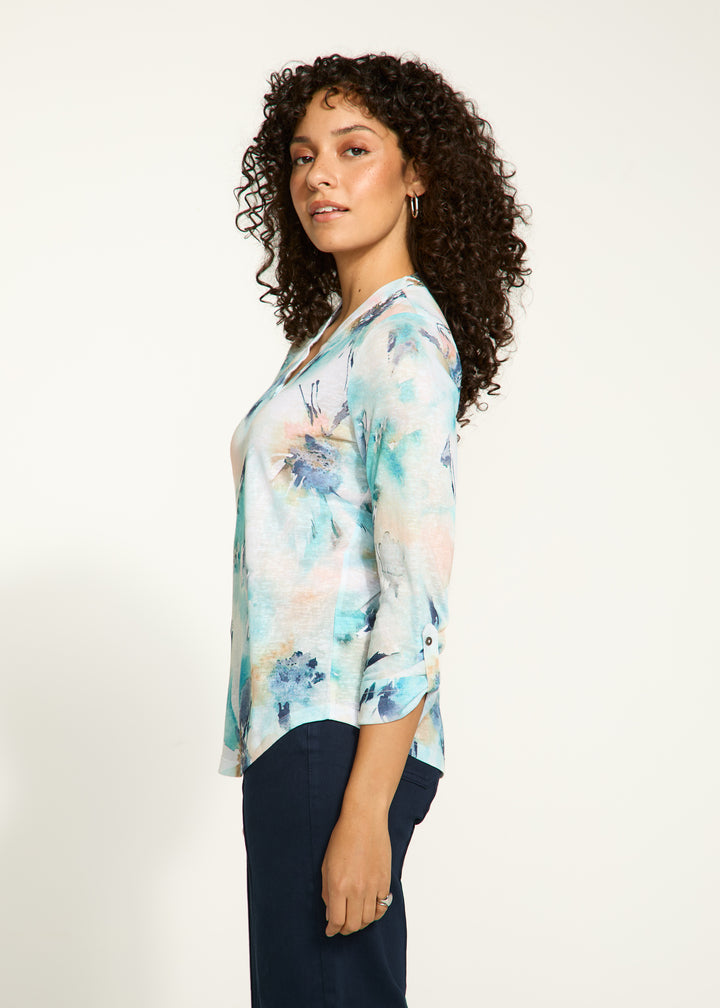 Alani Print Tab Sleeve Henley Top