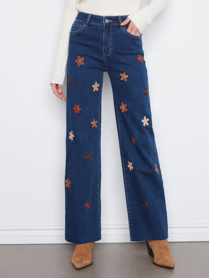 Allover Suede Flowers Wide Leg Jean