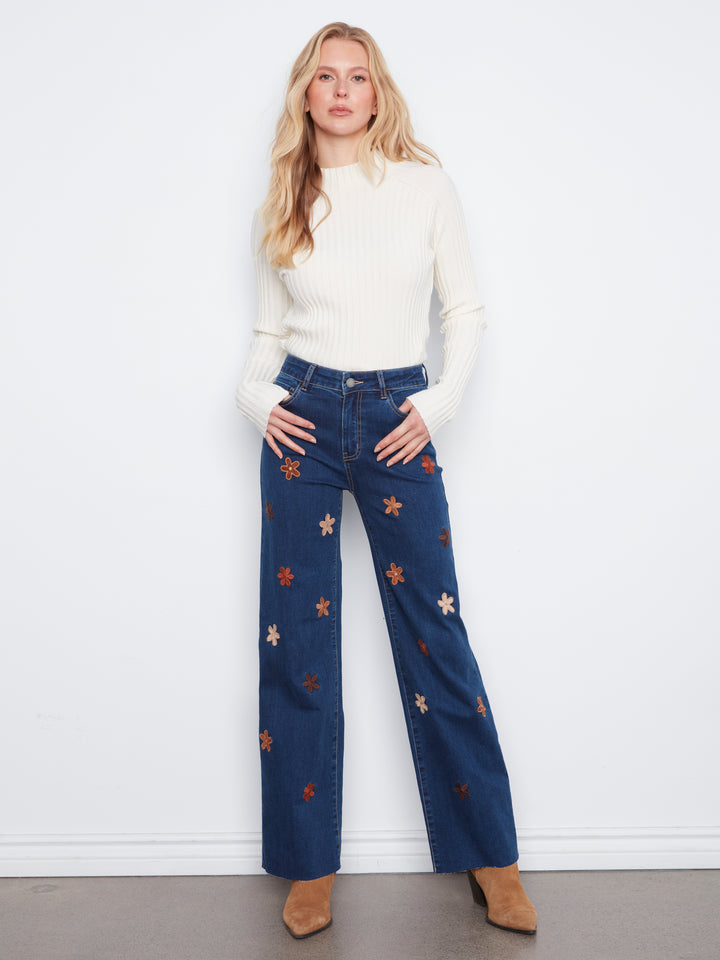 Allover Suede Flowers Wide Leg Jean