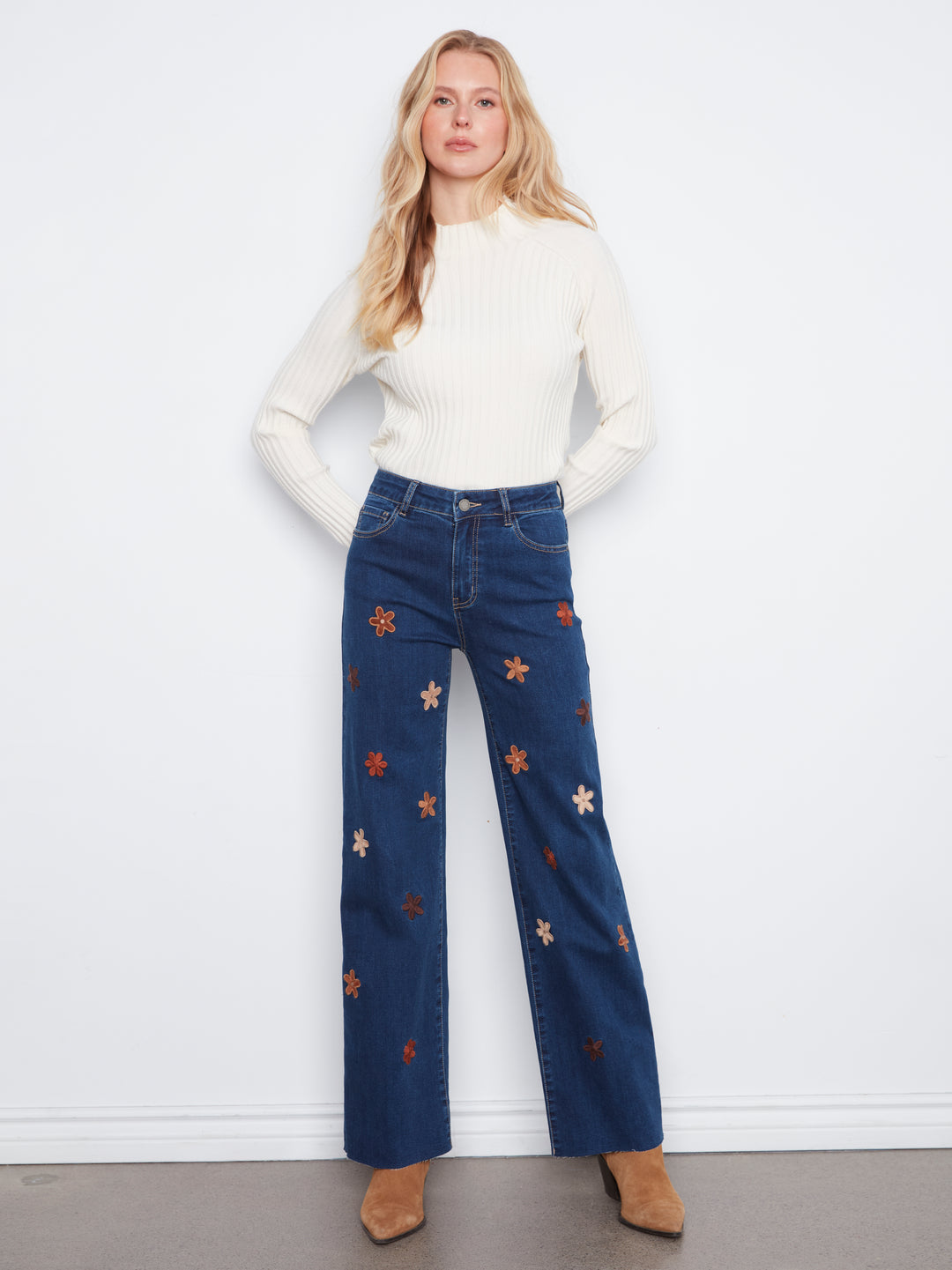 Allover Suede Flowers Wide Leg Jean