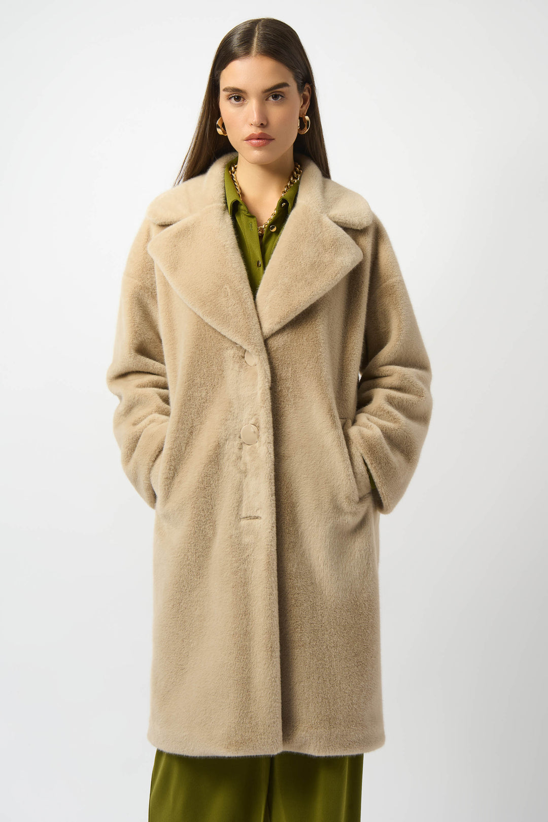 Almond Notched Collar Faux Fur Coat