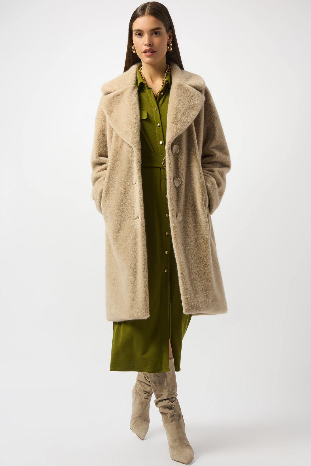 Almond Notched Collar Faux Fur Coat