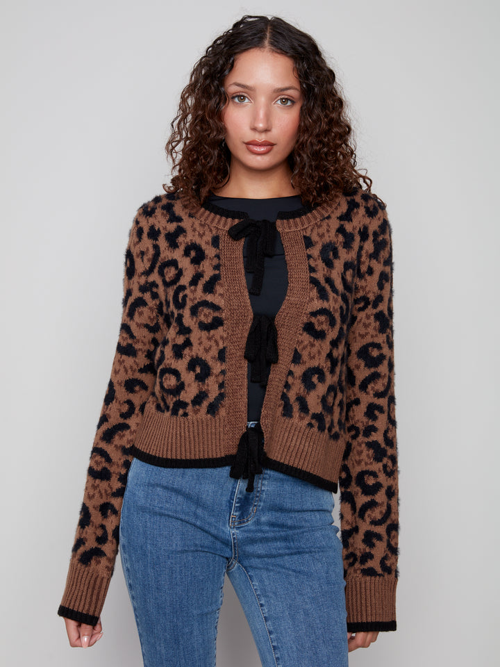 Animal Jacquard Bow Tie Cardigan