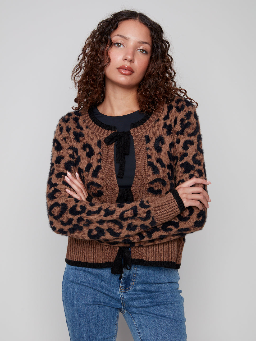 Animal Jacquard Bow Tie Cardigan