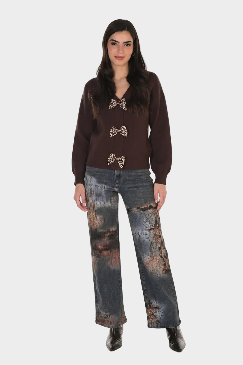 Animal Print Bow Detail Cardigan Sweater