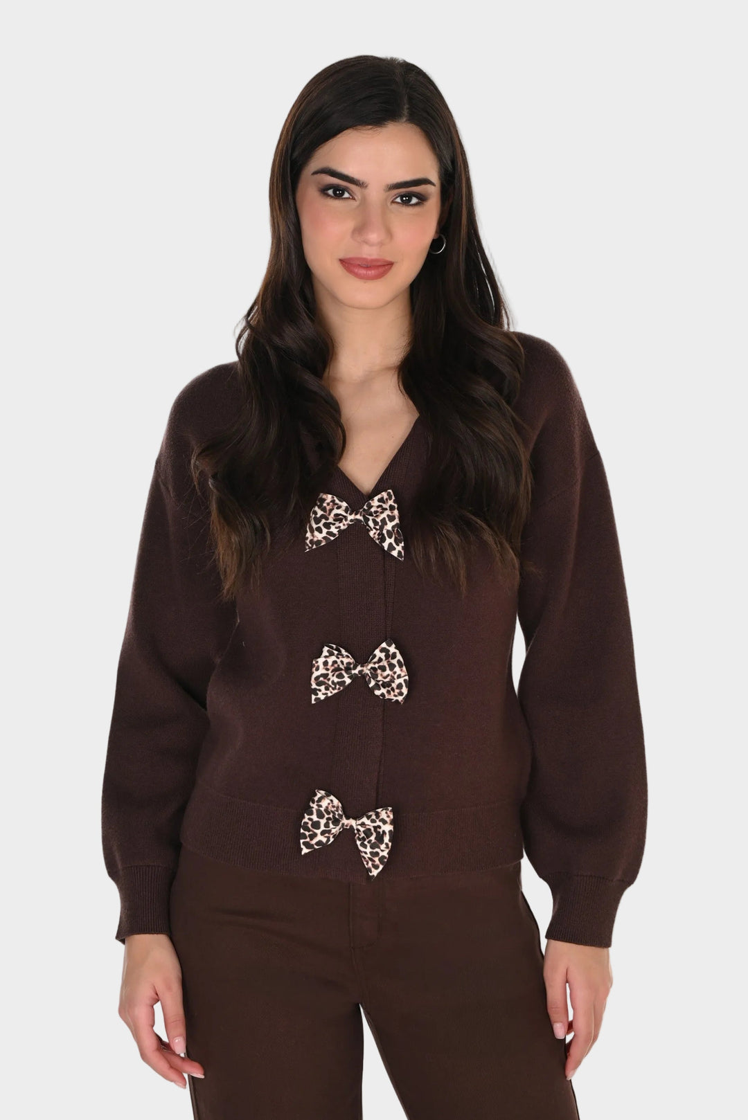 Animal Print Bow Detail Cardigan Sweater