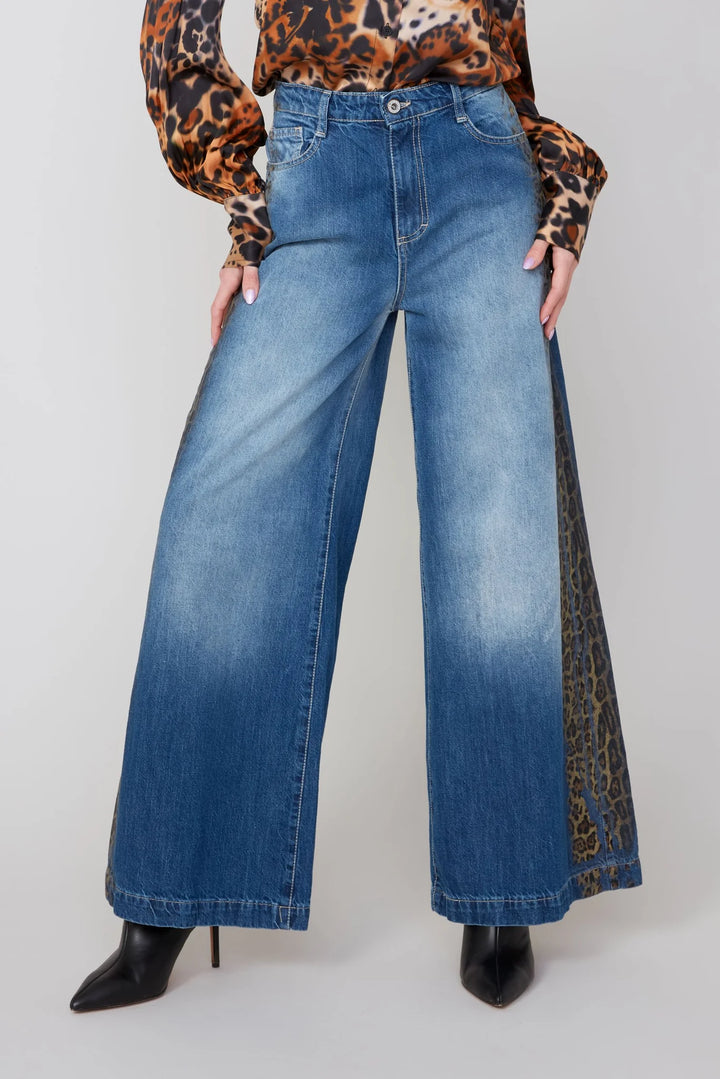Animal Print Side Detail Wide Leg Jean