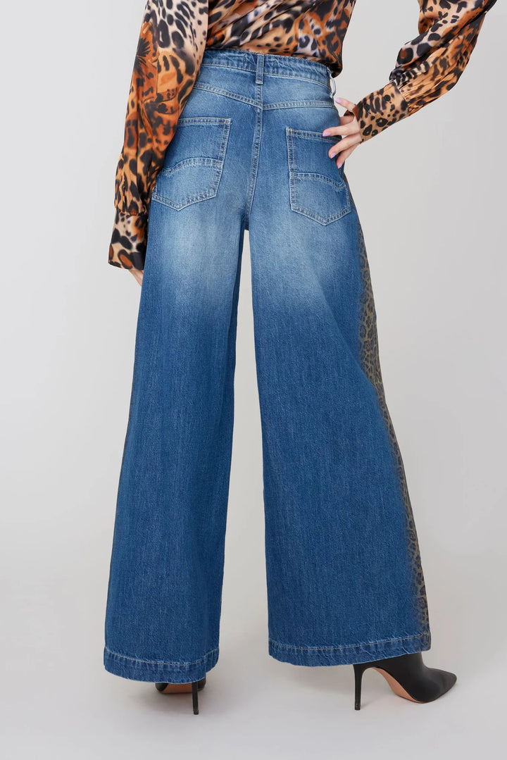 Animal Print Side Detail Wide Leg Jean