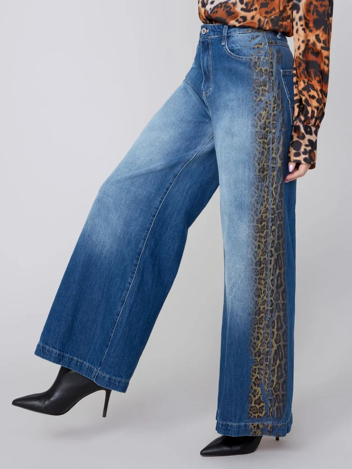 Animal Print Side Detail Wide Leg Jean