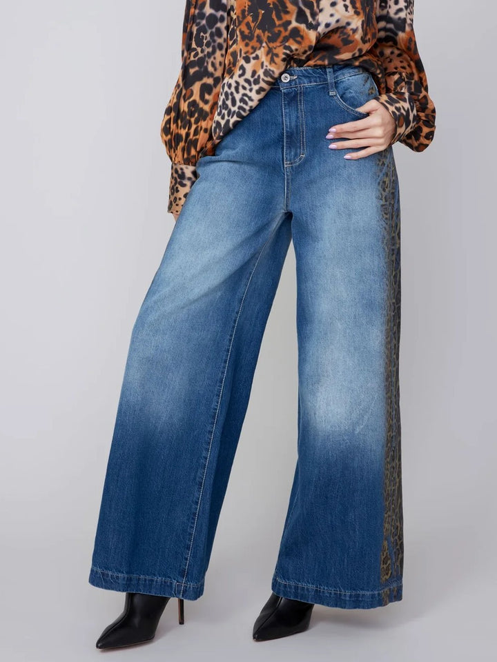 Animal Print Side Detail Wide Leg Jean