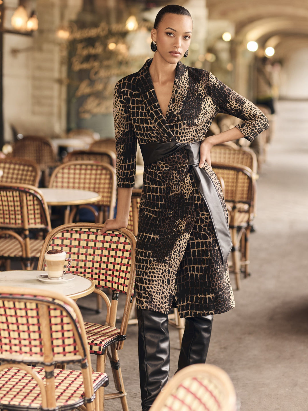 Animal Print Tie Front Jacquard Knit Dress