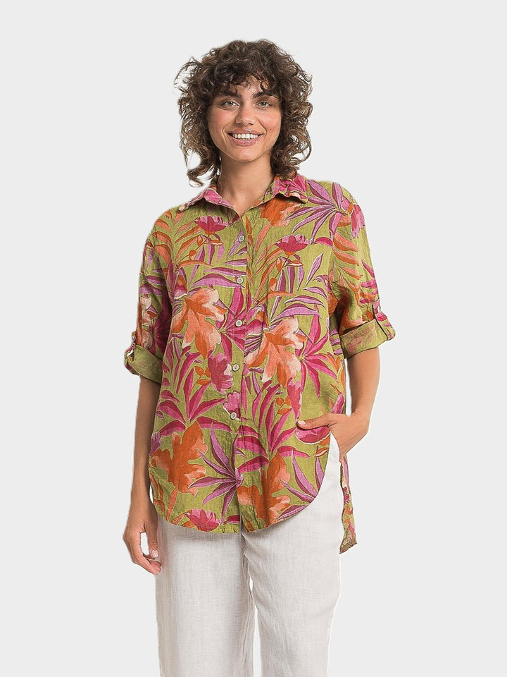 Anis Tropical Print High Low Linen Shirt