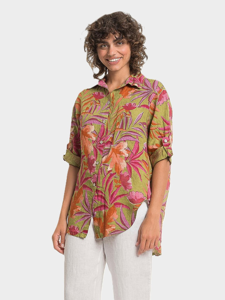Anis Tropical Print High Low Linen Shirt