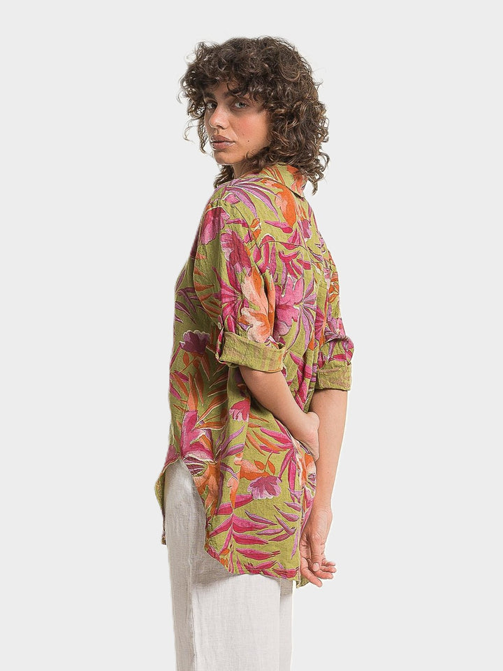 Anis Tropical Print High Low Linen Shirt