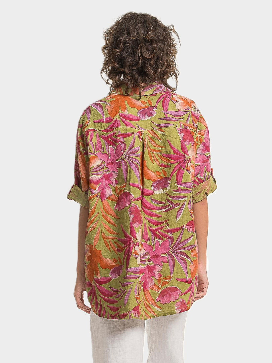 Anis Tropical Print High Low Linen Shirt