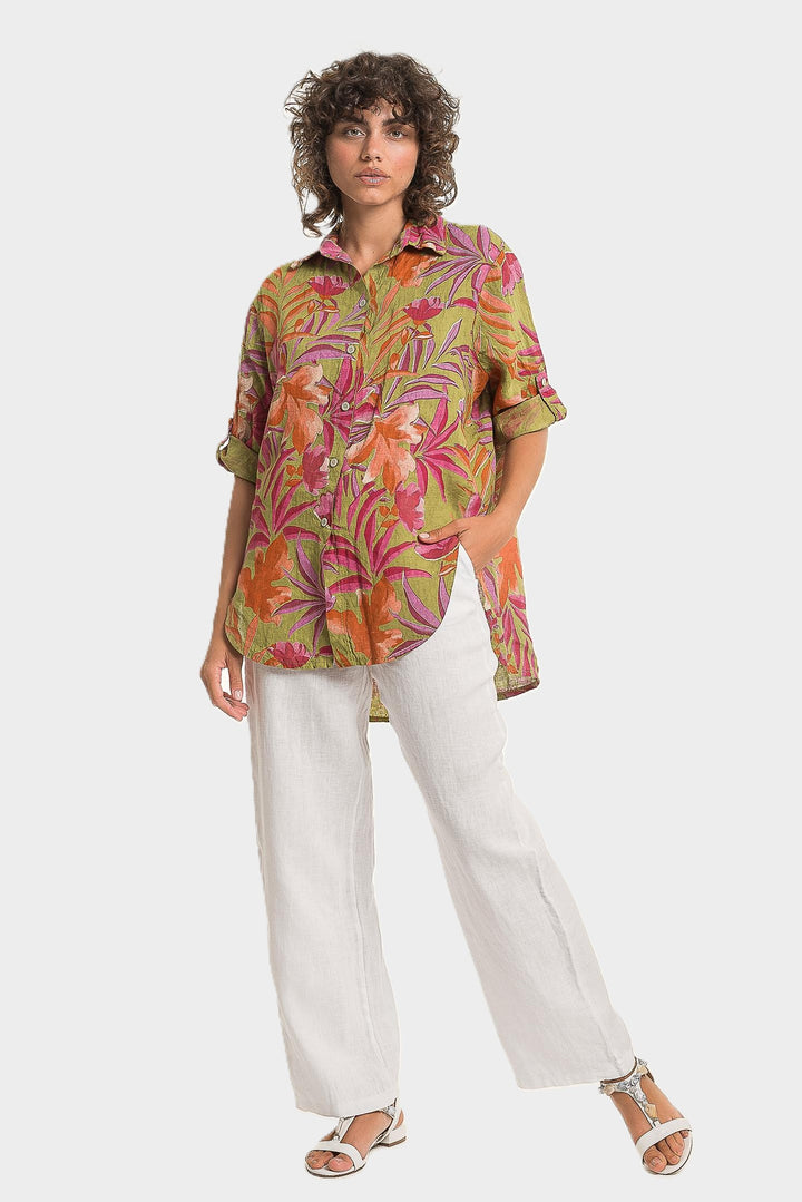 Anis Tropical Print High Low Linen Shirt