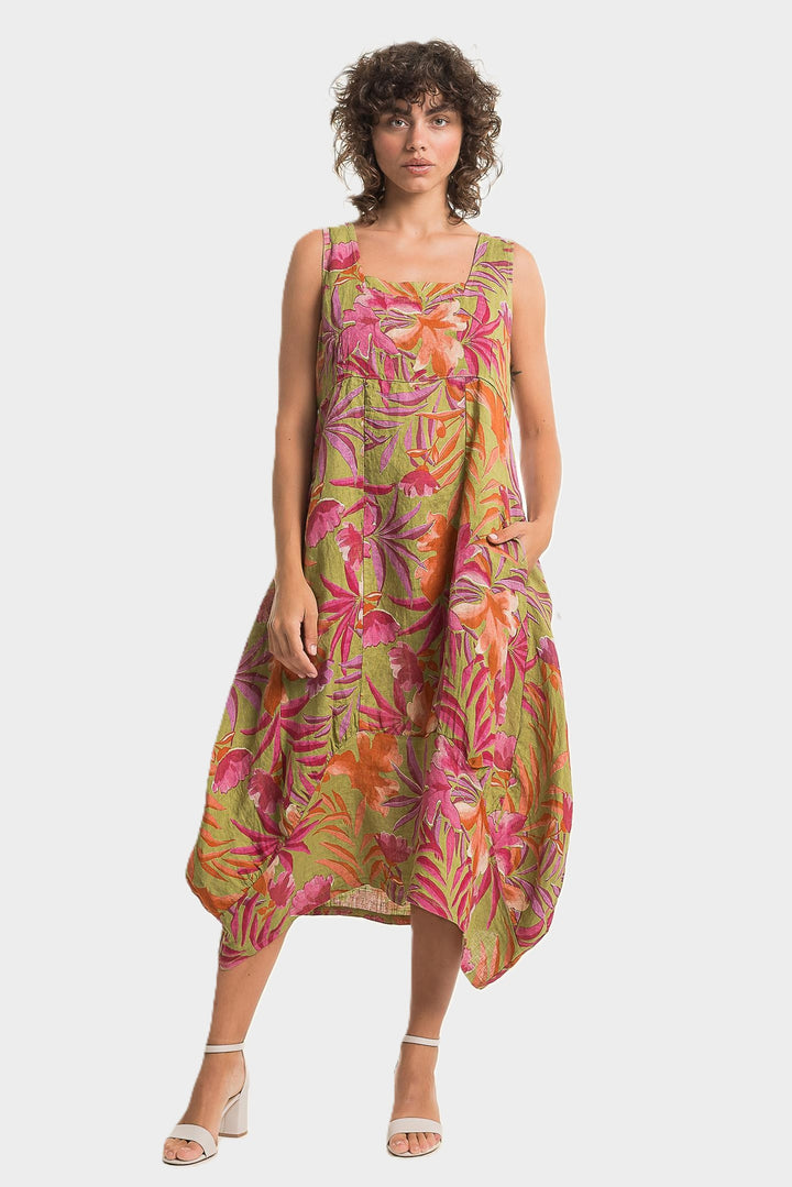 Anis Tropical Print Linen Bubble Dress