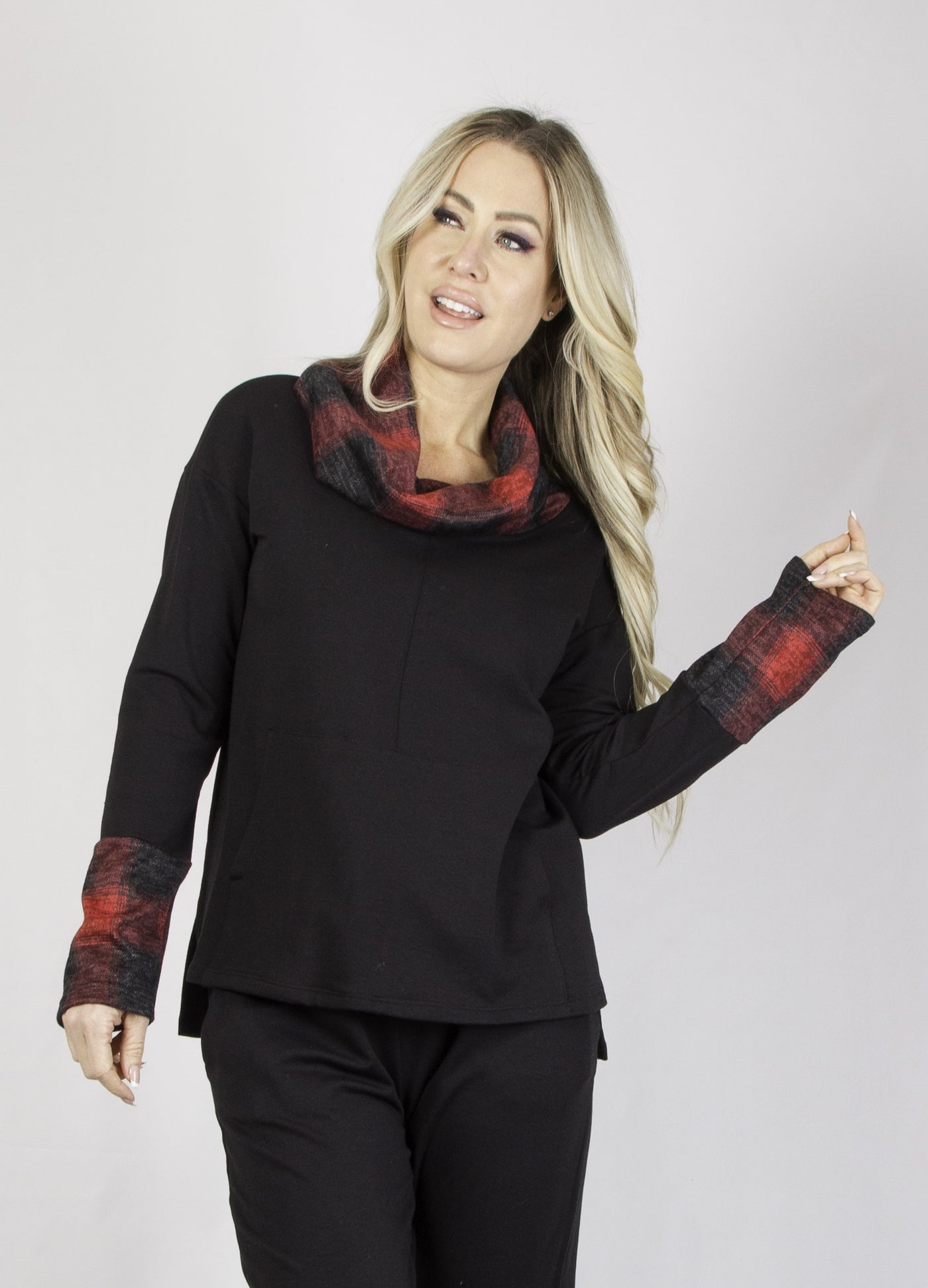 Apple Red Plaid Cowl Neck Top