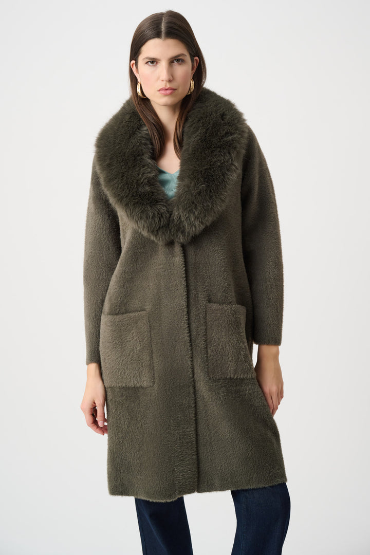 Avocado Feather Yarn Faux Fur Trim Sweater Coat