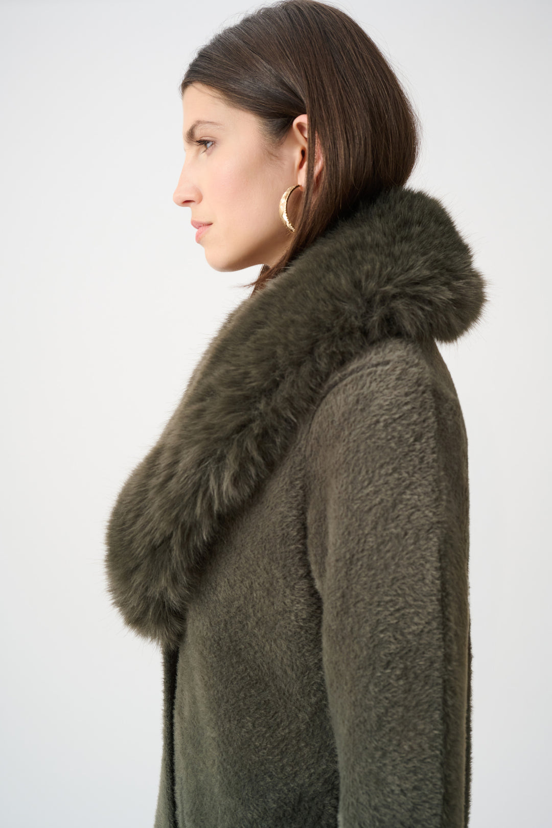 Avocado Feather Yarn Faux Fur Trim Sweater Coat