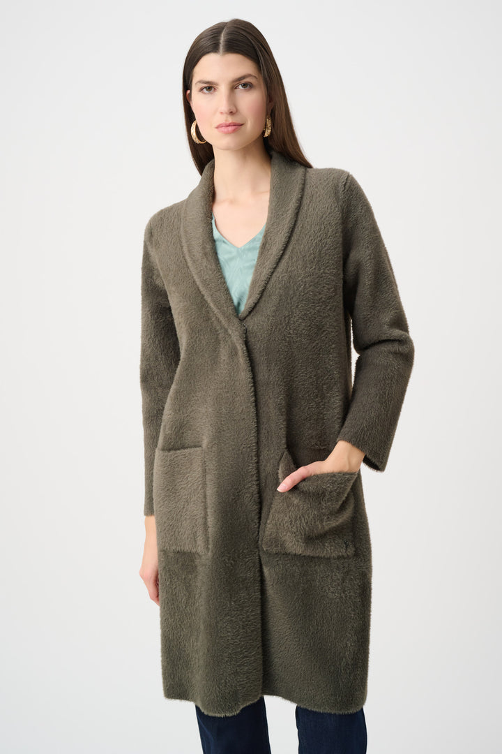 Avocado Feather Yarn Faux Fur Trim Sweater Coat