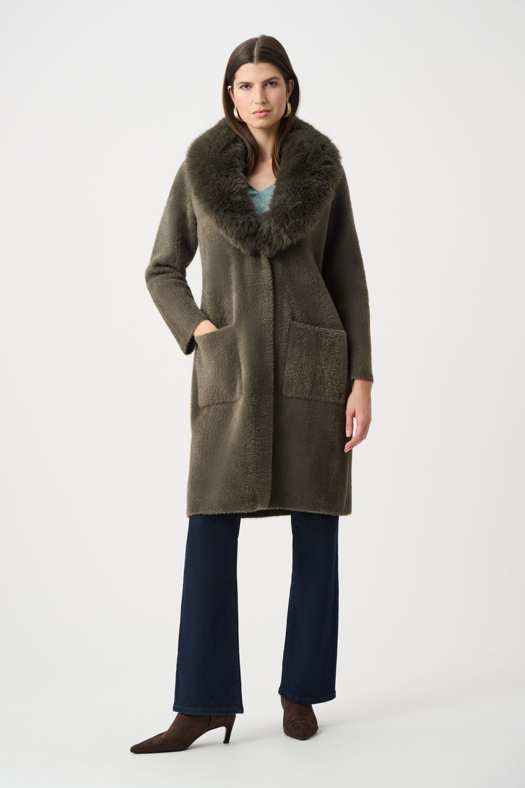 Avocado Feather Yarn Faux Fur Trim Sweater Coat