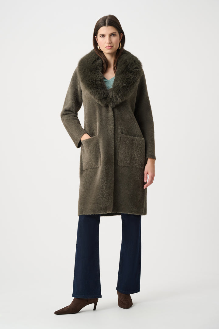 Avocado Feather Yarn Faux Fur Trim Sweater Coat