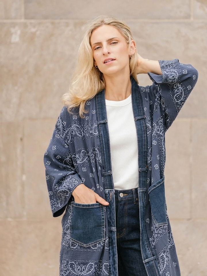 Bandana Navy Denim Detail Long Kimono