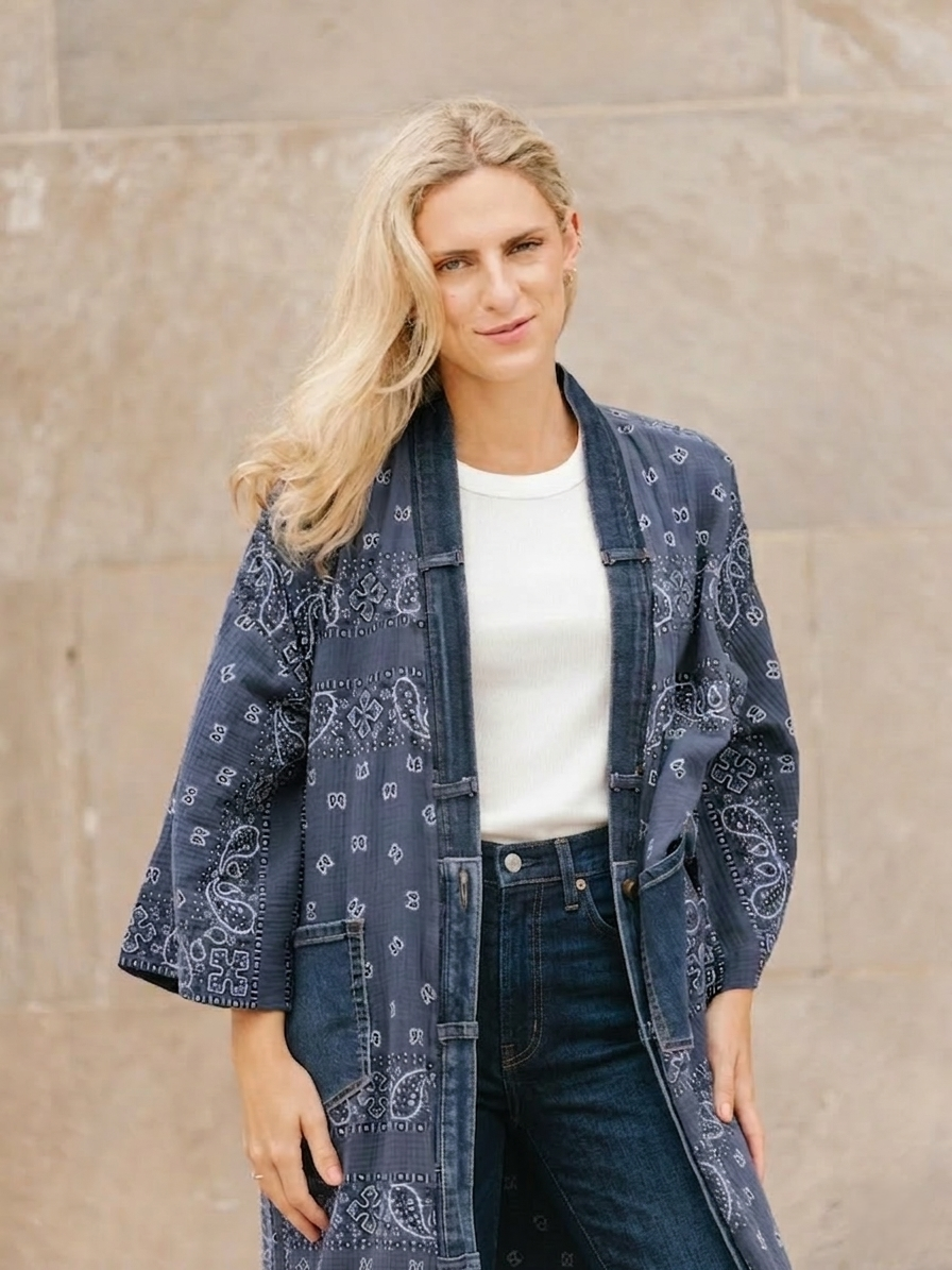 Bandana Navy Denim Detail Long Kimono