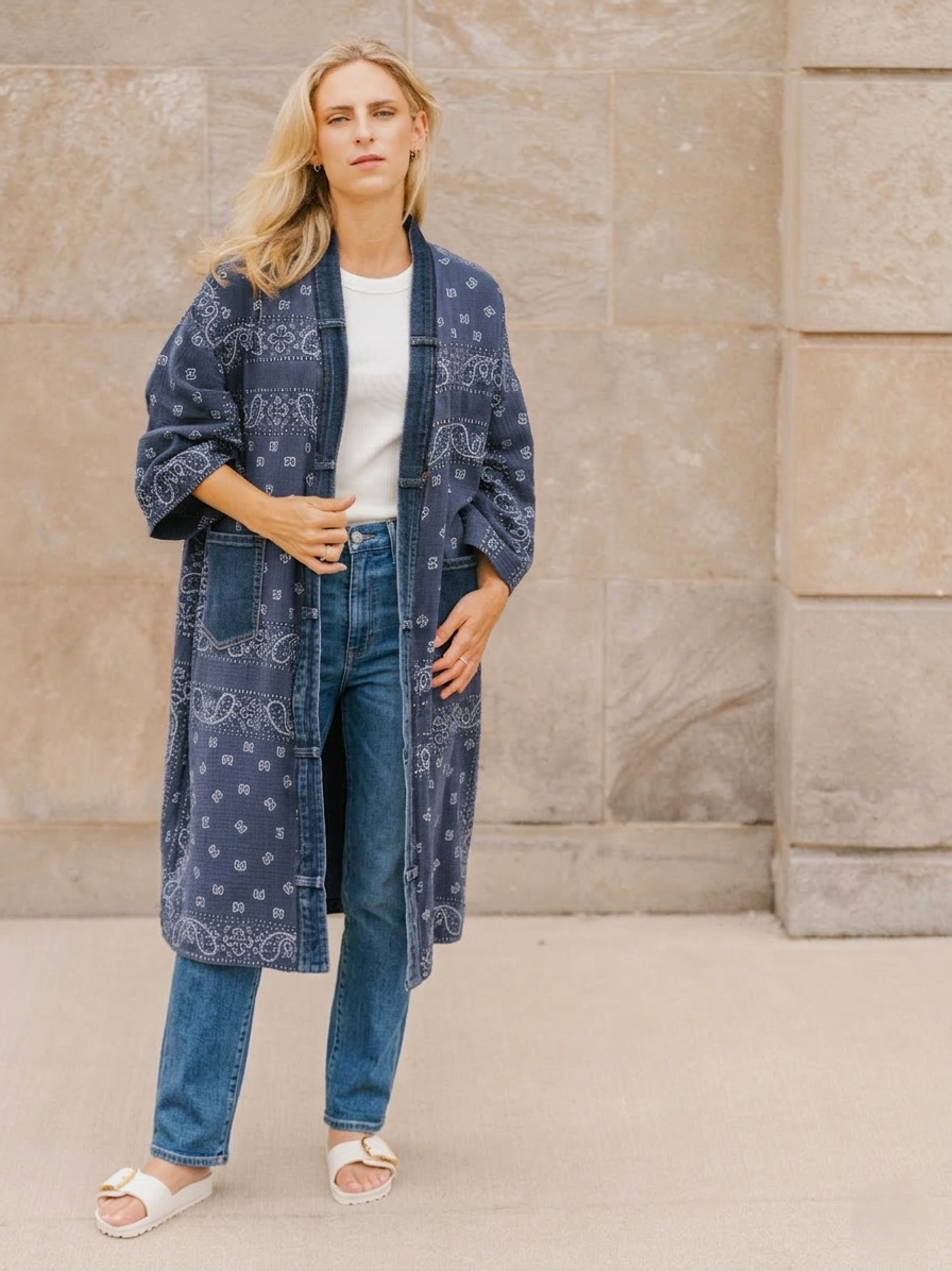 Bandana Navy Denim Detail Long Kimono