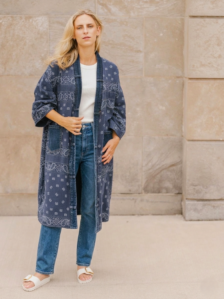 Bandana Navy Denim Detail Long Kimono