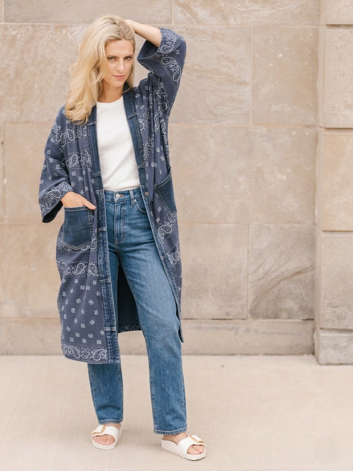 Bandana Navy Denim Detail Long Kimono