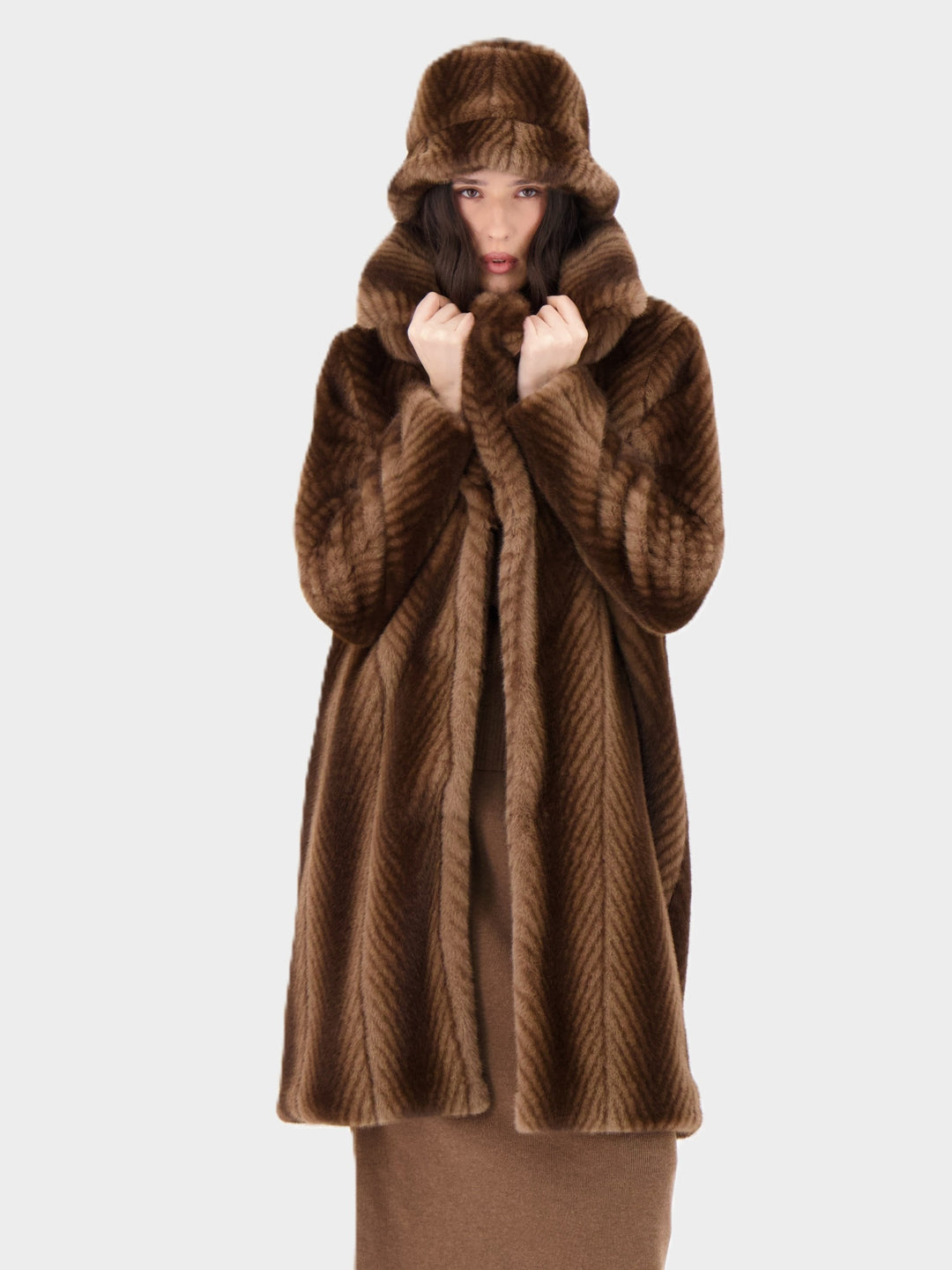 Bark Herringbone Stripe Faux Fur Coat