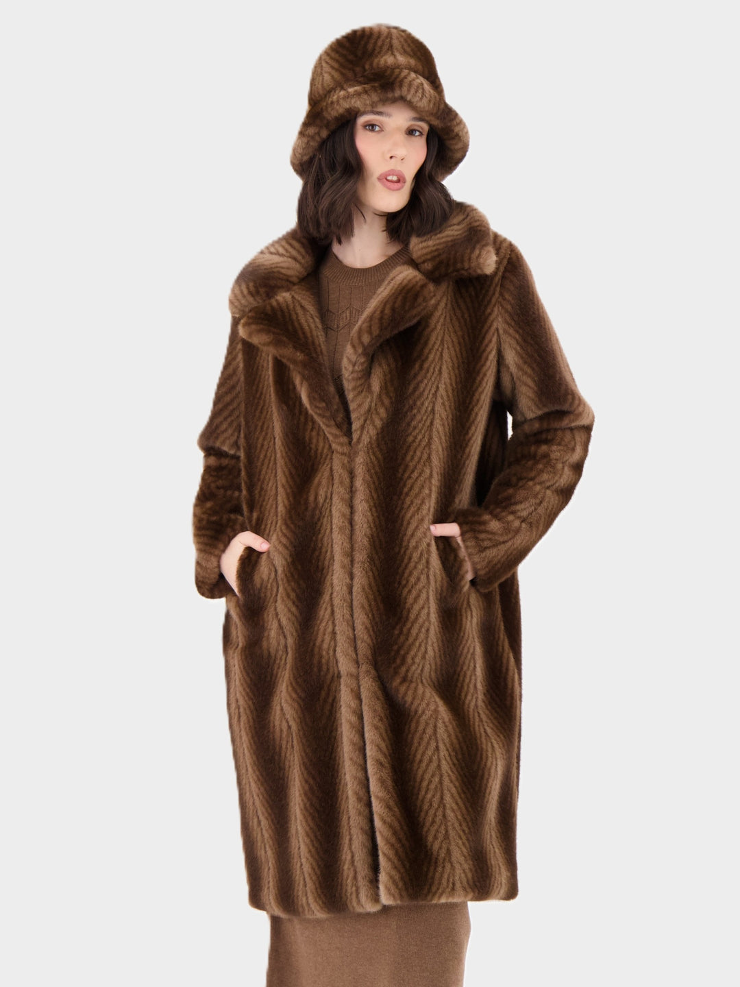 Bark Herringbone Stripe Faux Fur Coat