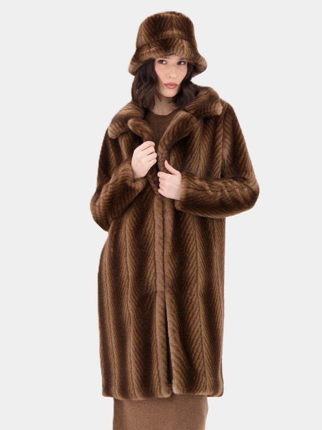 Bark Herringbone Stripe Faux Fur Coat
