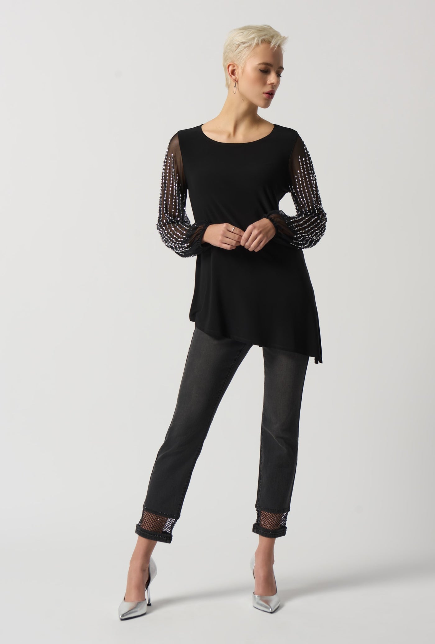 Beaded Puffed Sleeve Asymmetrical Tunic