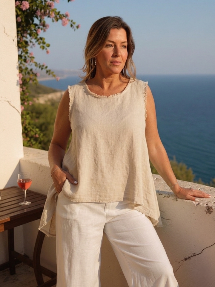 Beige Frayed Edge Sleeveless Linen Top