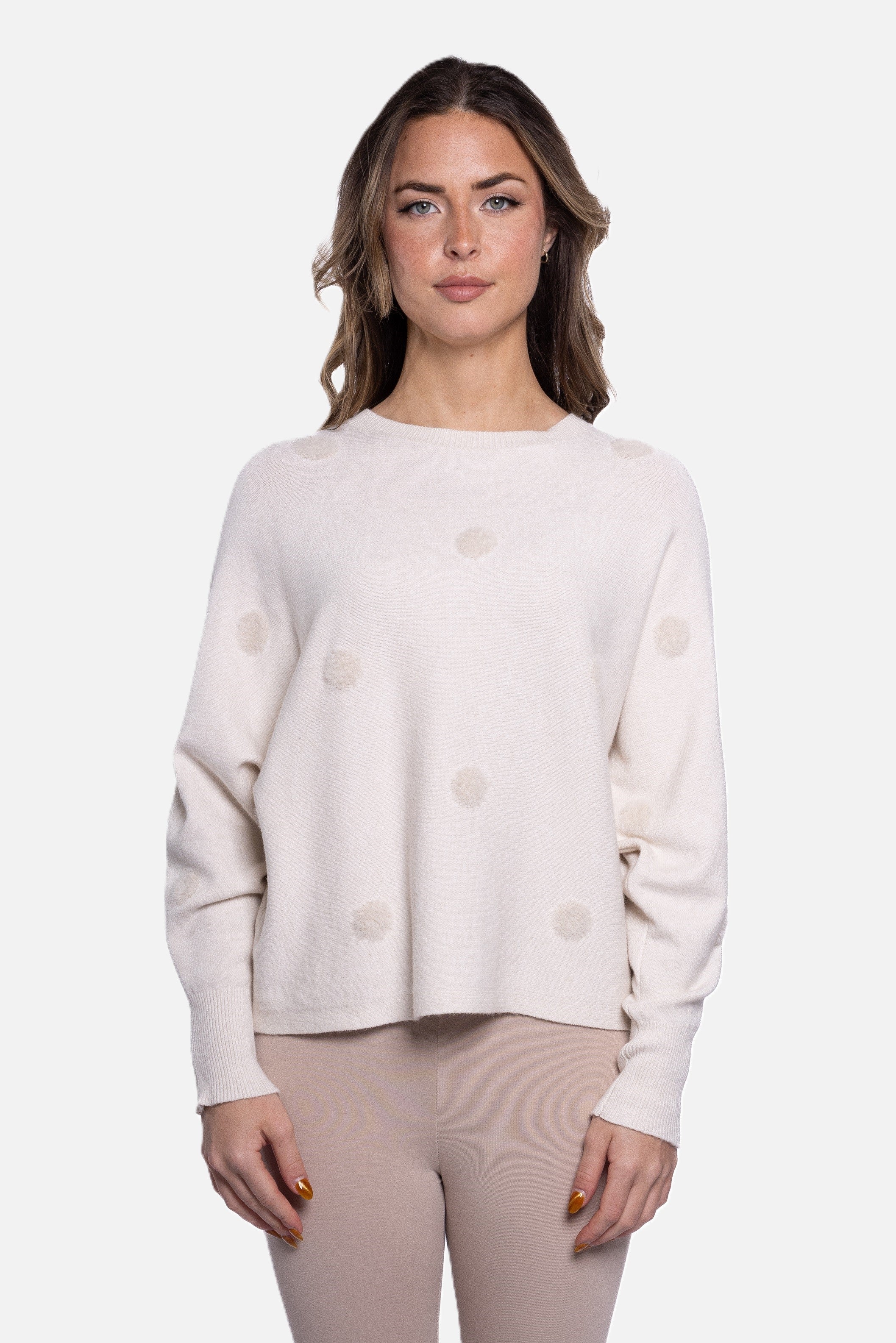 Beige Round Neck Sweater with Fuzzy Polka Dots Cathy Allan Ladieswear S M Beige