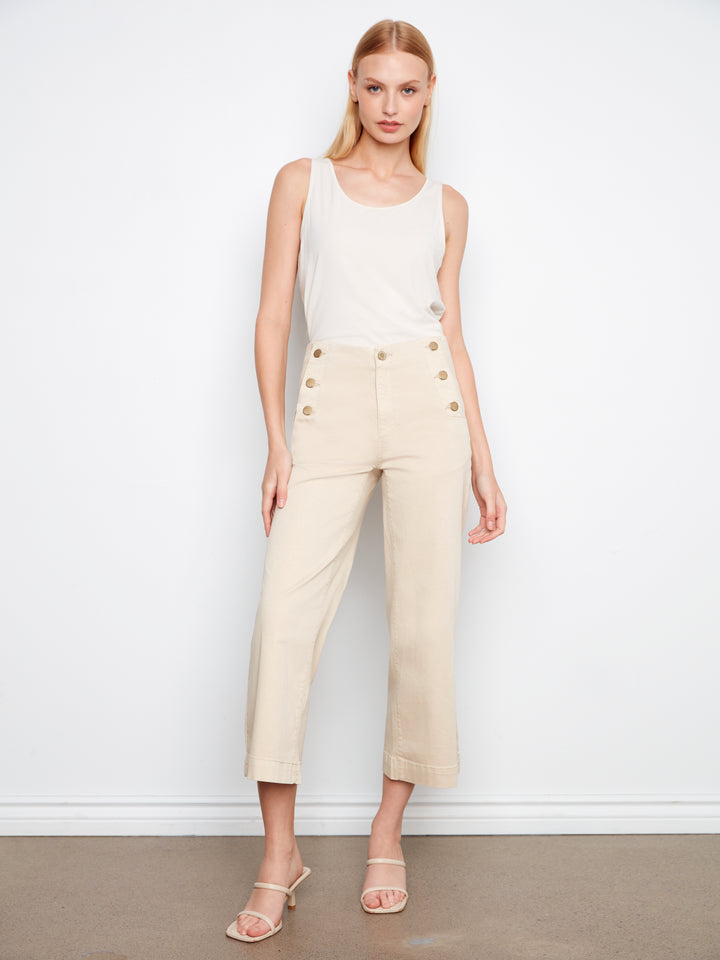 Beige Side Button Wide Leg Twill Pant