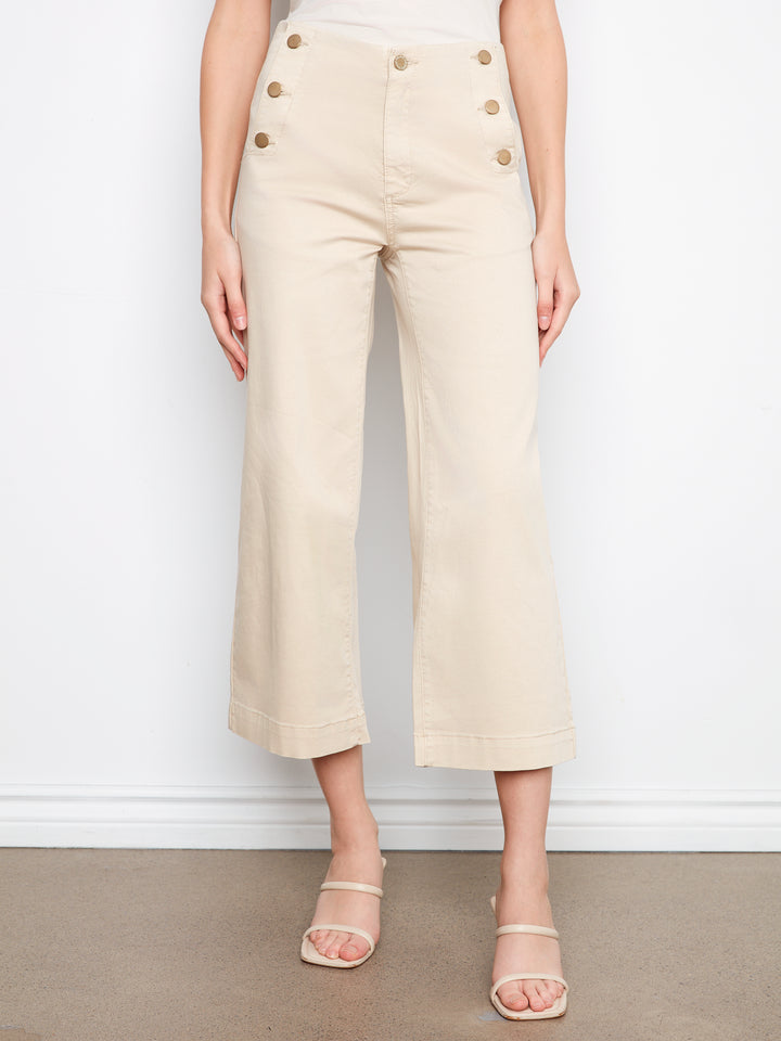 Beige Side Button Wide Leg Twill Pant