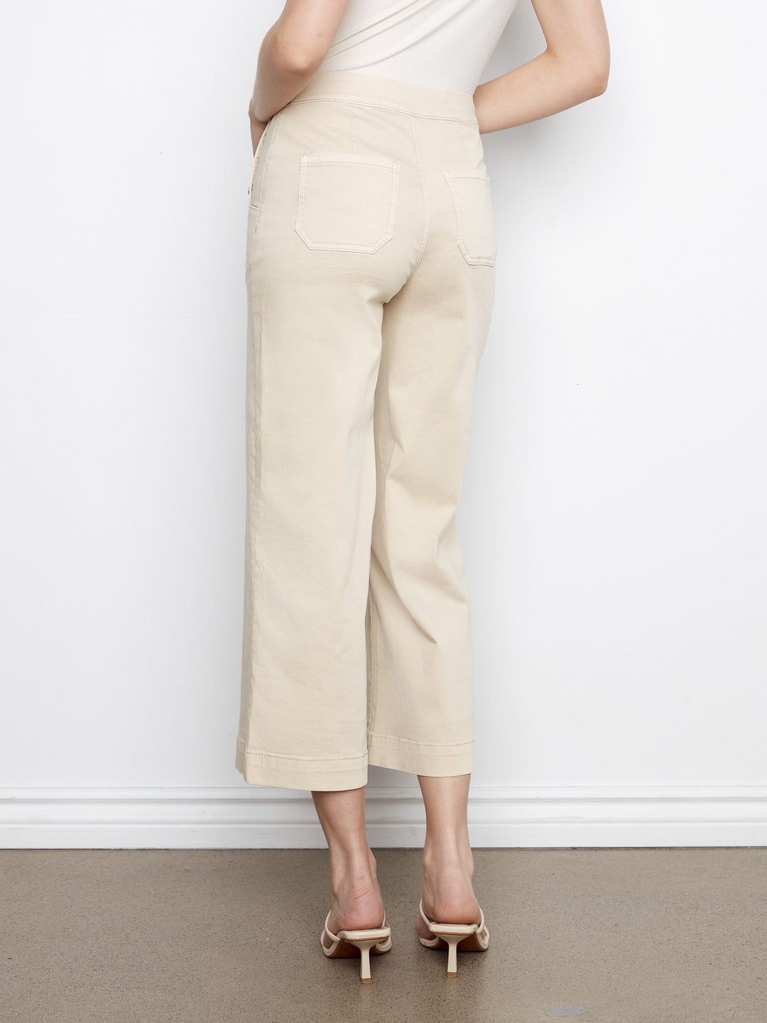 Beige Side Button Wide Leg Twill Pant