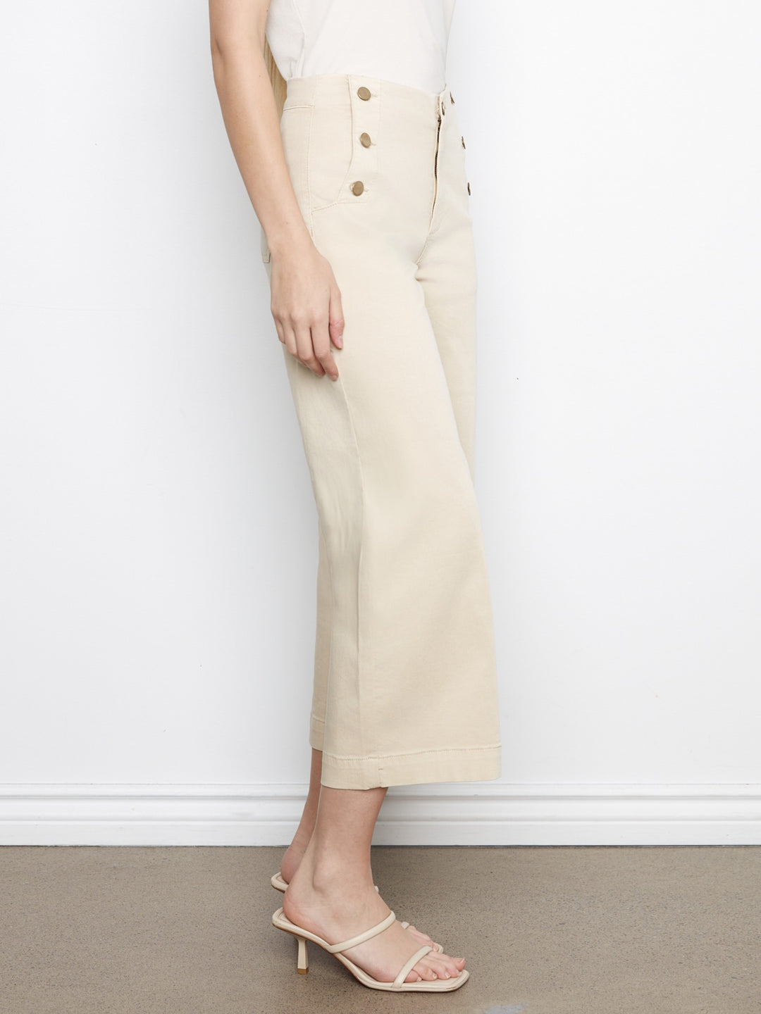 Beige Side Button Wide Leg Twill Pant