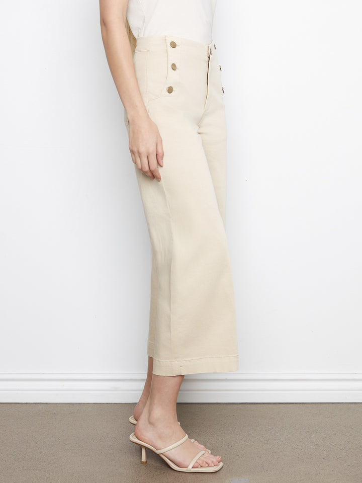 Beige Side Button Wide Leg Twill Pant