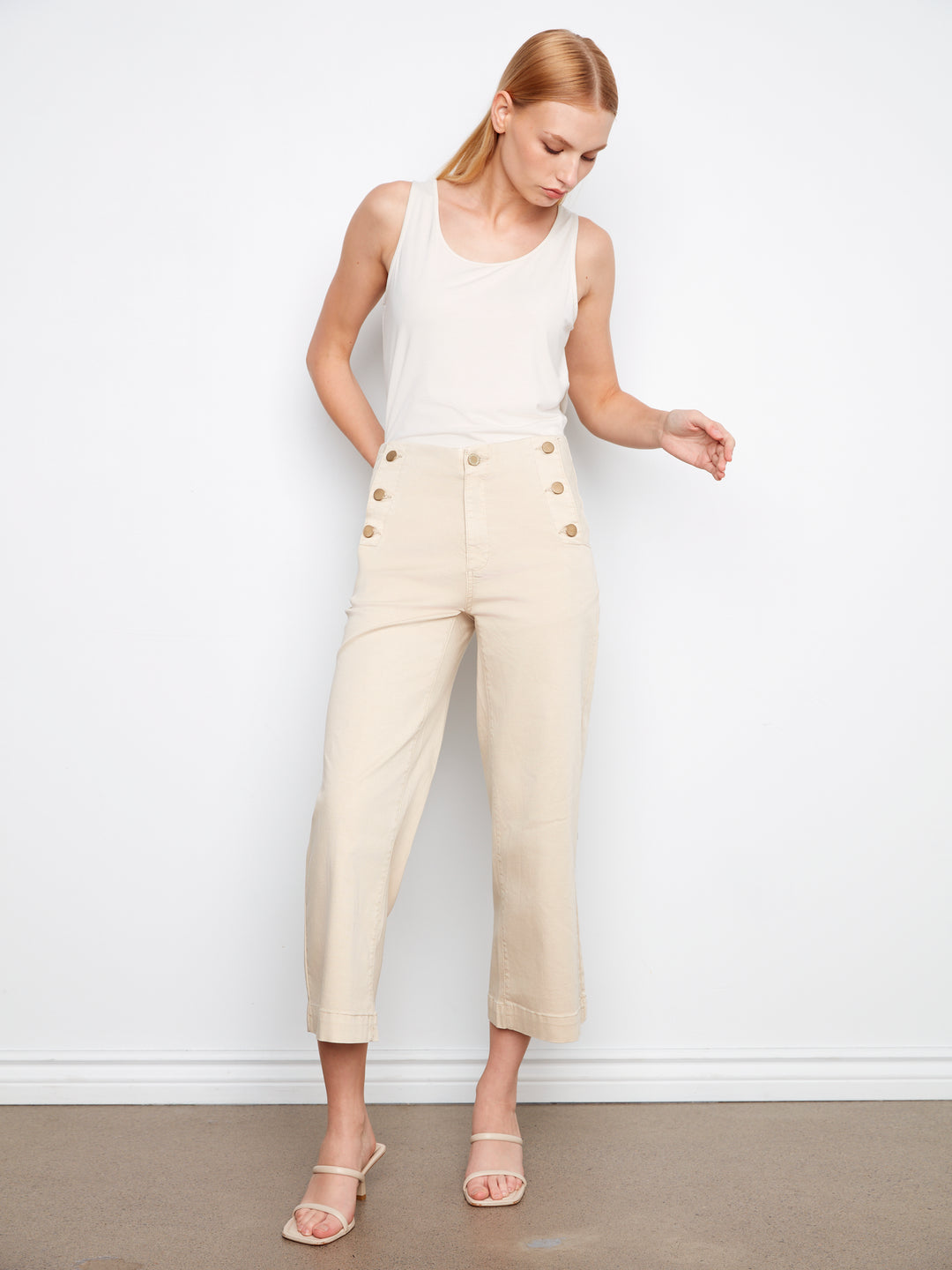 Beige Side Button Wide Leg Twill Pant