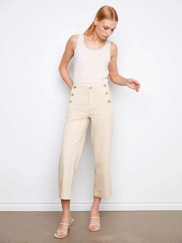 Beige Side Button Wide Leg Twill Pant