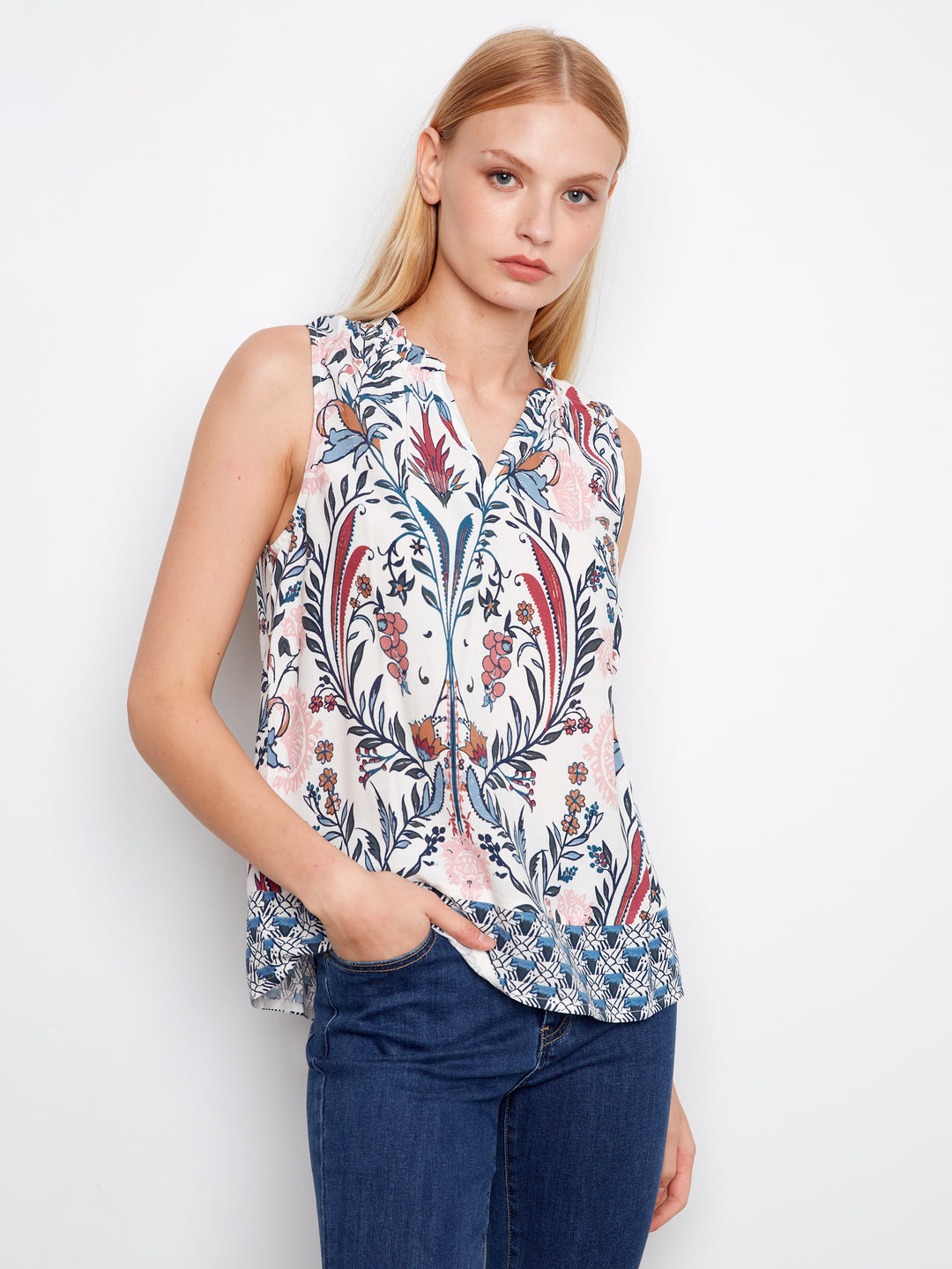 Bella Border Print Ruffle Neck Top