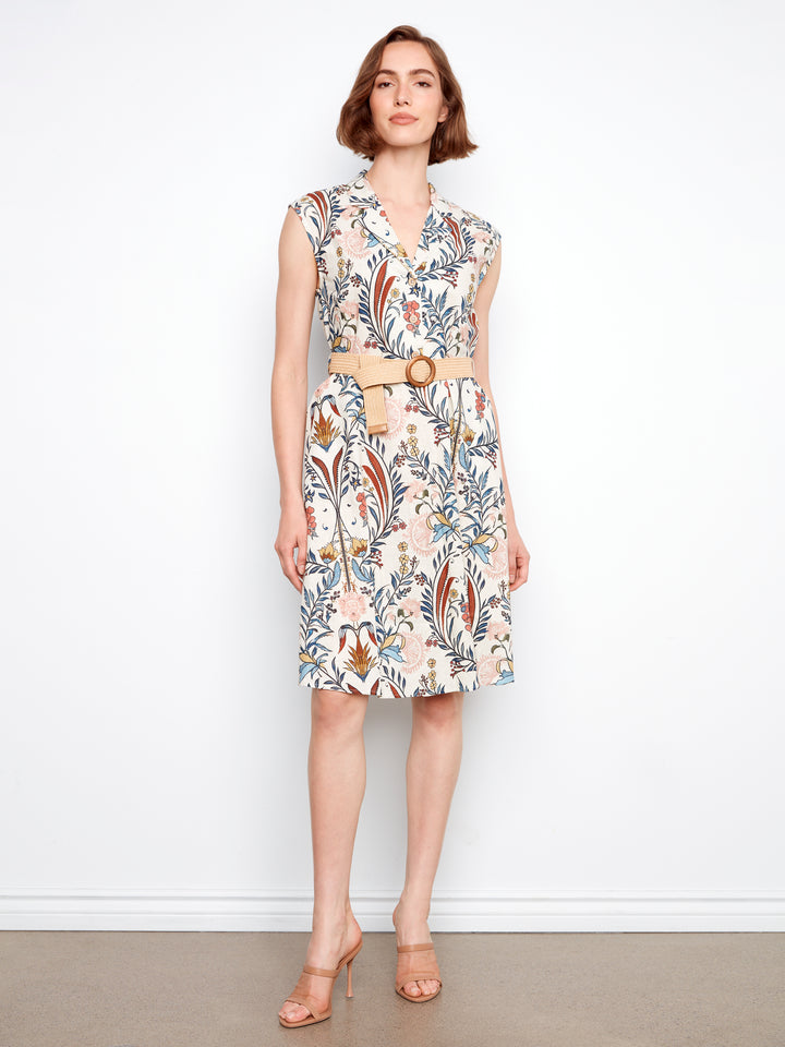 Bella Floral Print Cap Sleeve Belted Linen Dress