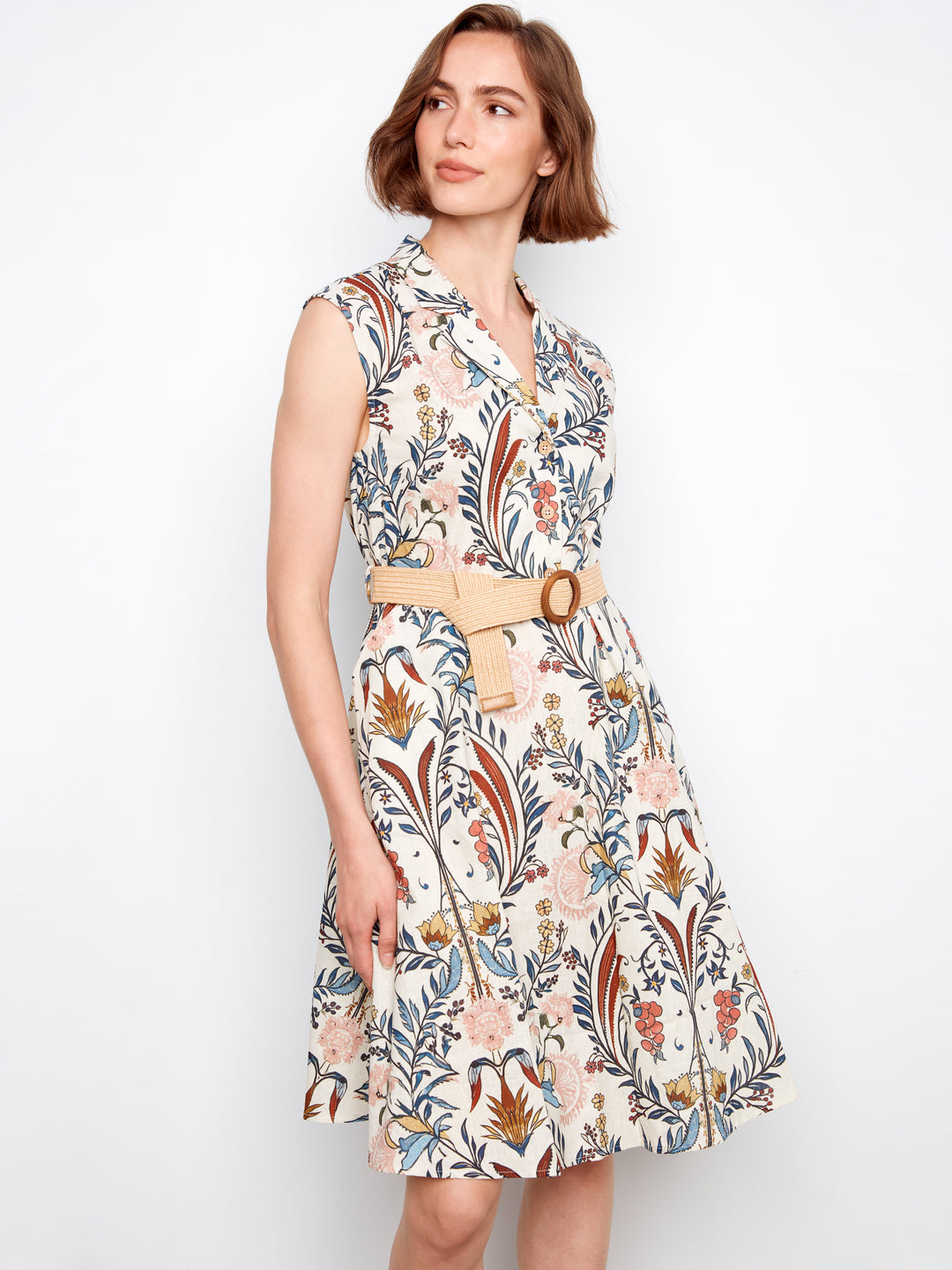 Bella Floral Print Cap Sleeve Belted Linen Dress